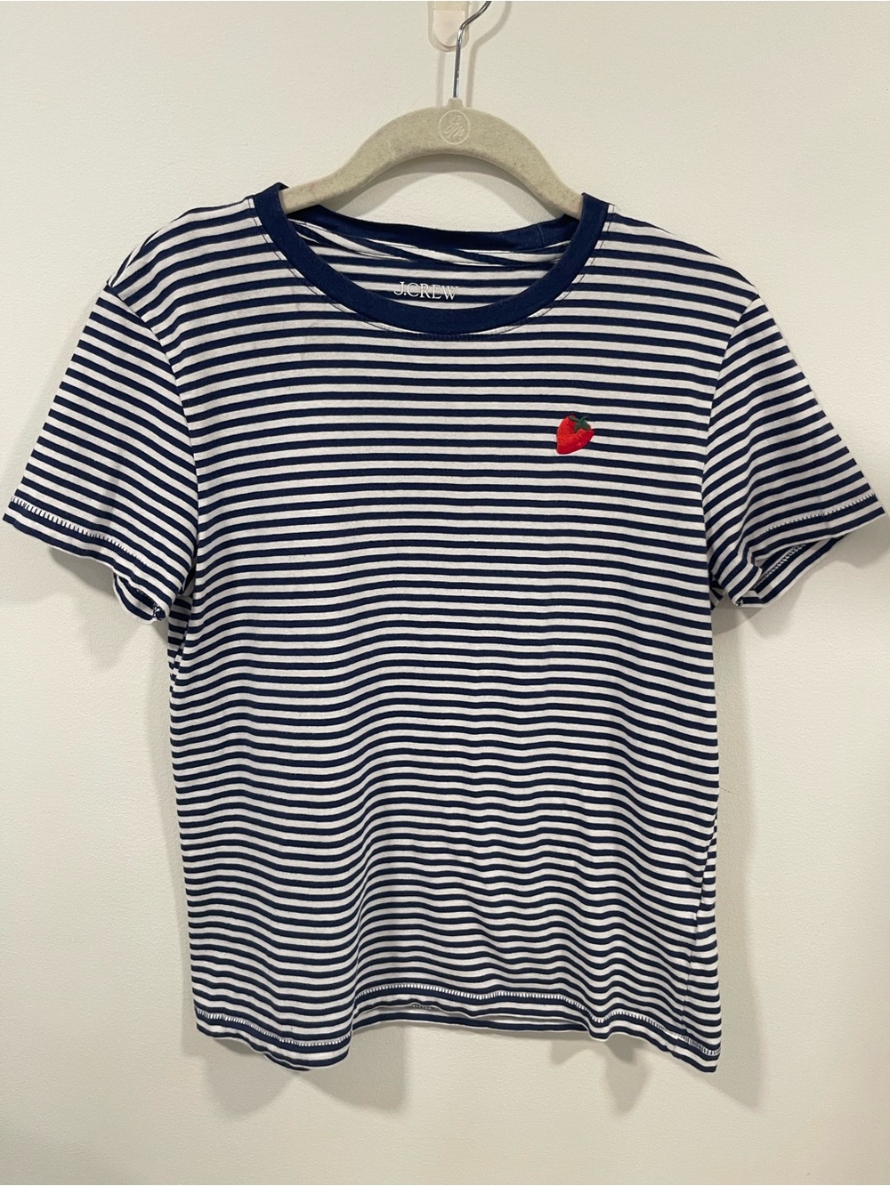 J. Crew Navy & White Striped Tee with Red Strawberry